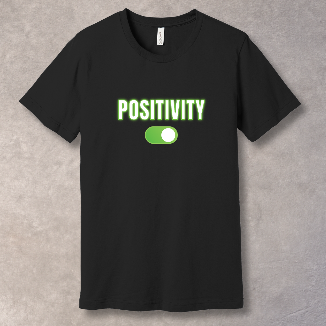 Positivity ON motivational T-shirt with green switch graphic - Black