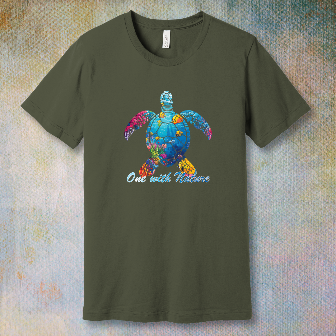 Army T-shirt with a colorful sea turtle filled with ocean life and the phrase “One with Nature”