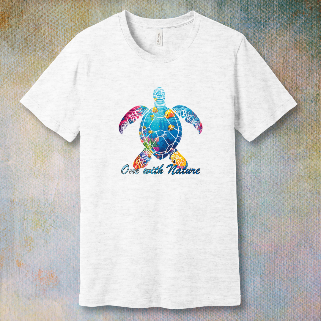 Ash T-shirt with a colorful sea turtle filled with ocean life and the phrase “One with Nature”
