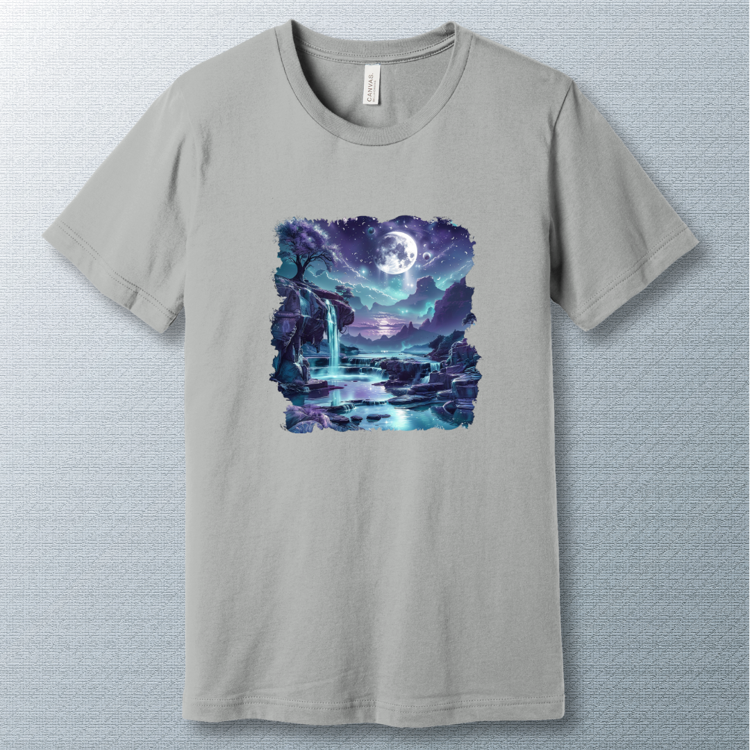 Serenity in Blues T-Shirt – Dreamy Moonlit Waterfall Graphic Tee