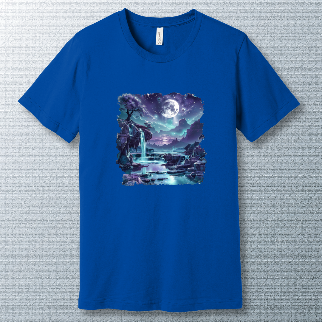 Serenity in Blues T-Shirt – Dreamy Moonlit Waterfall Graphic Tee