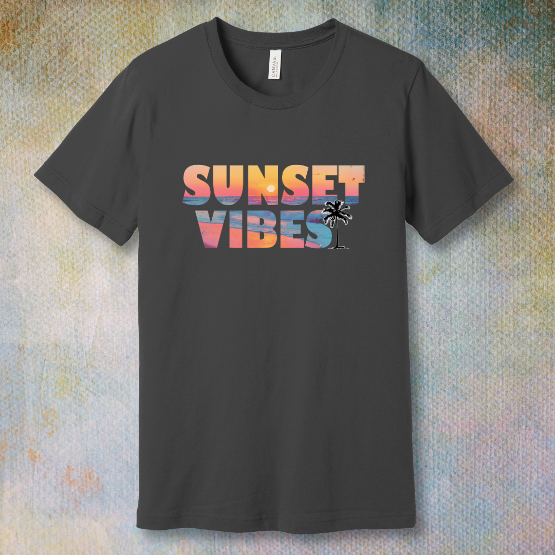 Asphalt T-shirt with a colorful 'Sunset Vibes' design featuring a stylized sun setting over waves – soft spiritual energy and summer vibes combined.