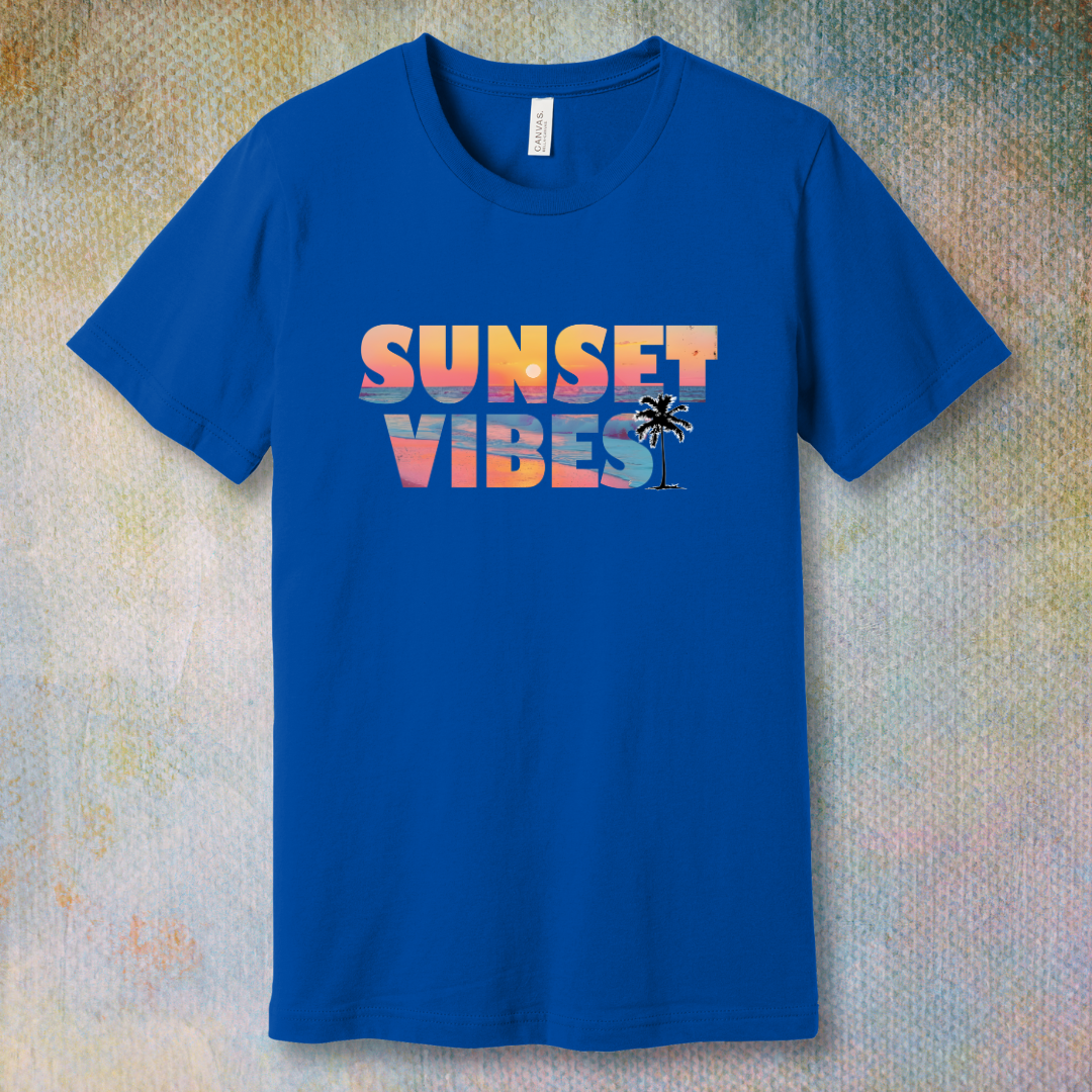 True Royal T-shirt with a colorful 'Sunset Vibes' design featuring a stylized sun setting over waves – soft spiritual energy and summer vibes combined.