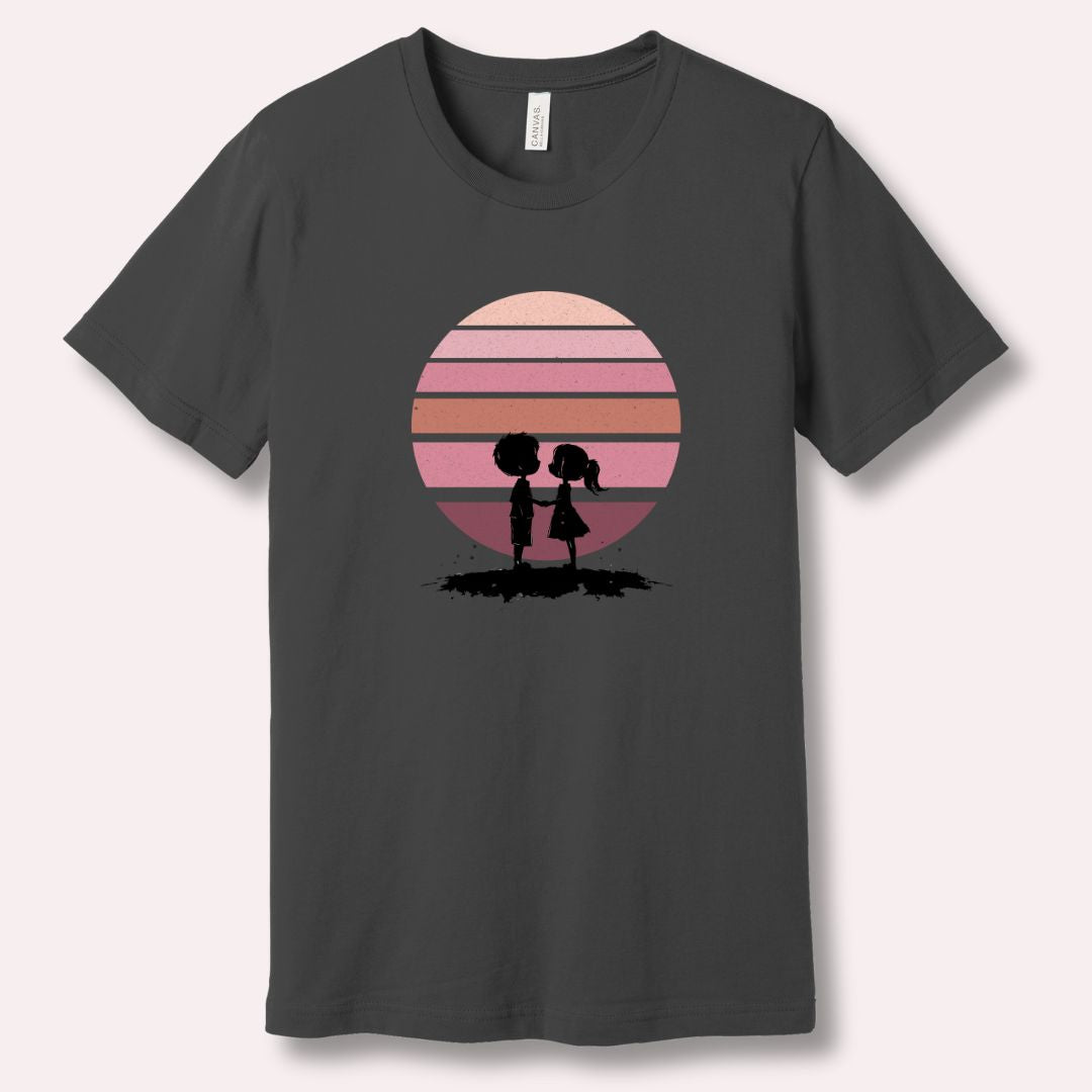 Valentine’s Day love Asphalt T-shirt for couples with symbolic sunset artwork and emotional meaning