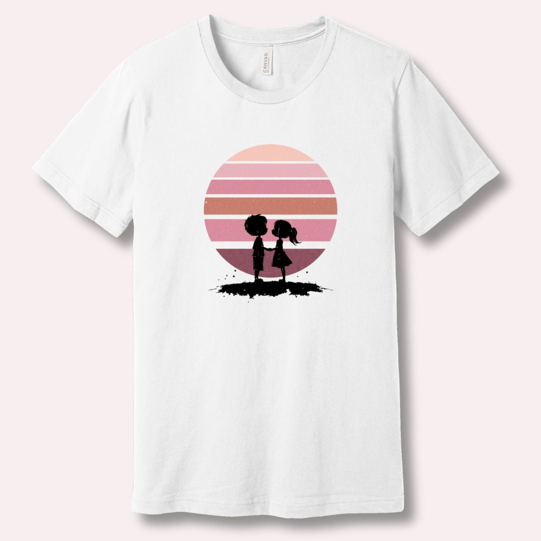 Valentine’s Day love White T-shirt for couples with symbolic sunset artwork and emotional meaning