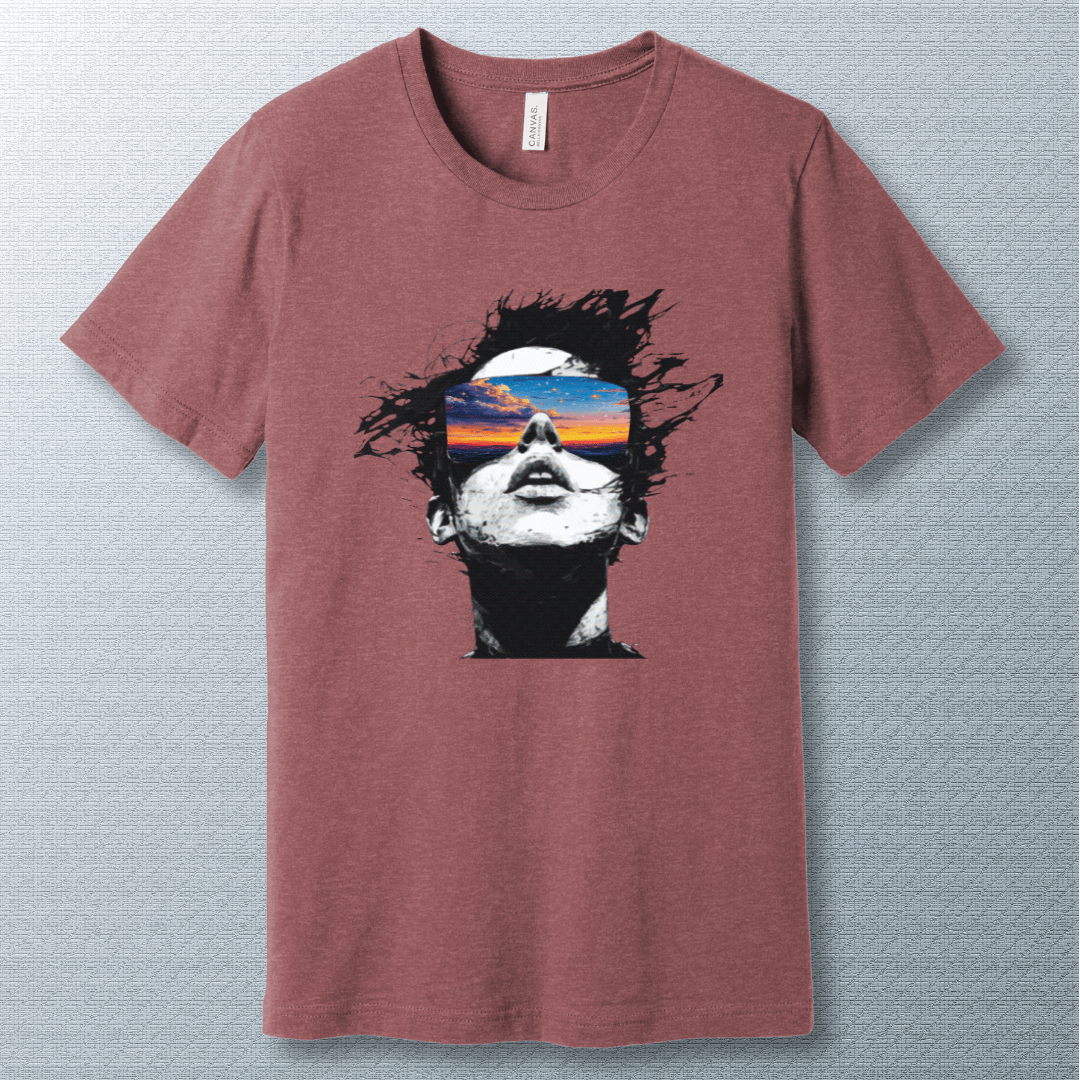Heather Mauve Vision Beyond Reality T-Shirt featuring an abstract artistic design that symbolizes limitless imagination and creative thinking.
