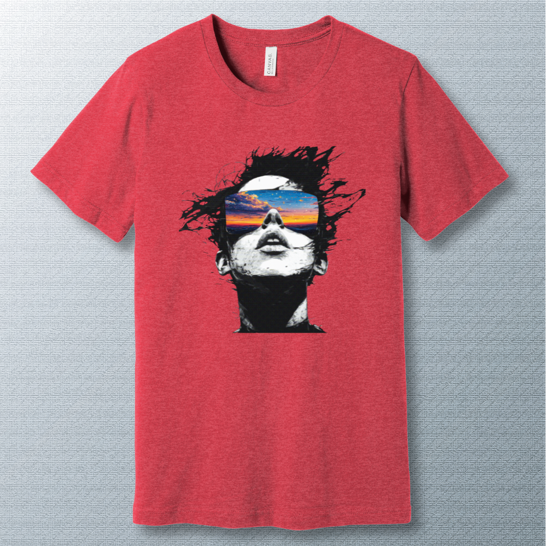 Heather Red Vision Beyond Reality T-Shirt featuring an abstract artistic design that symbolizes limitless imagination and creative thinking.