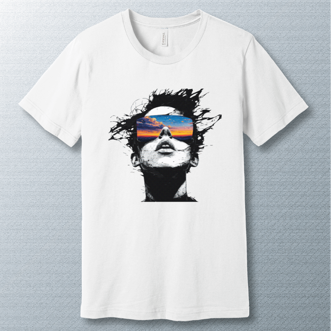 White Vision Beyond Reality T-Shirt featuring an abstract artistic design that symbolizes limitless imagination and creative thinking.