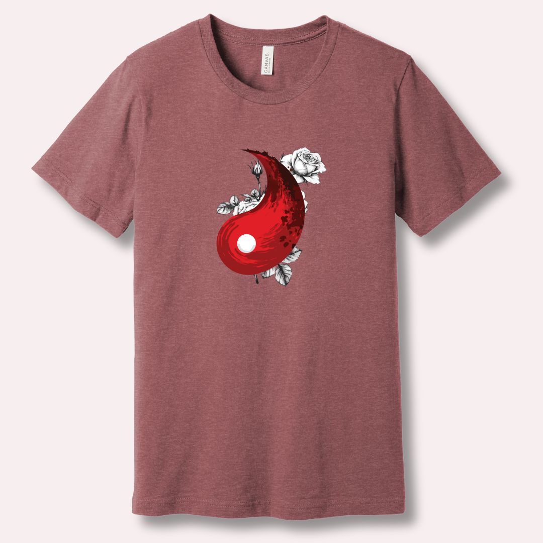Heather Mauve t-shirt with a red yin symbol design with B&W roses