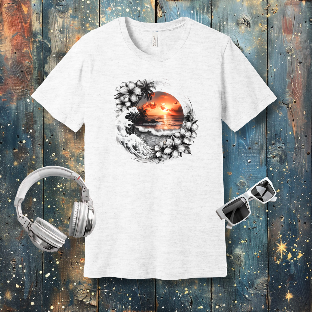 B&W Hawaiian flowers and sunset - T-shirt