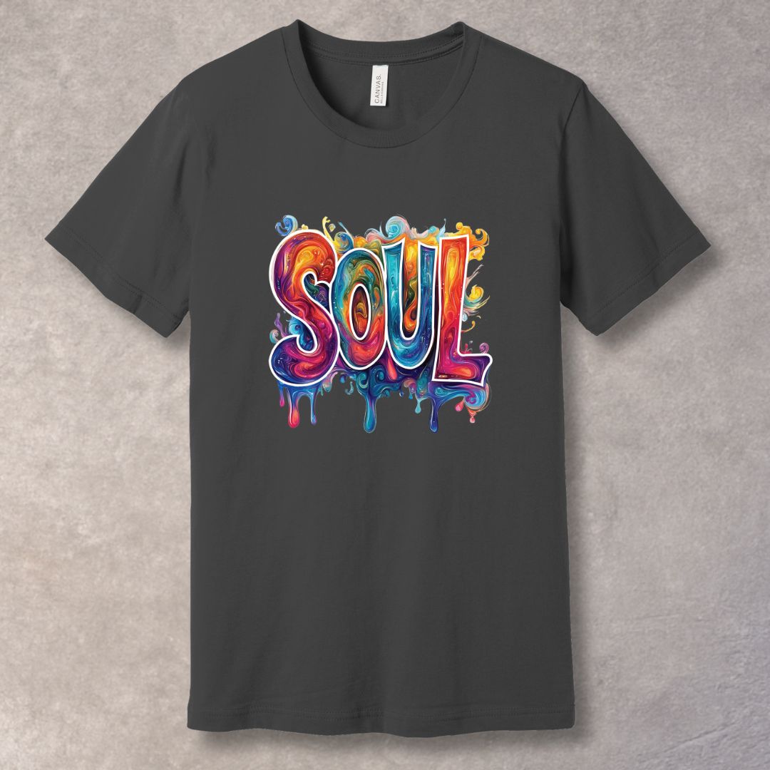 Asphalt t-shirt with colorful 'SOUL' design