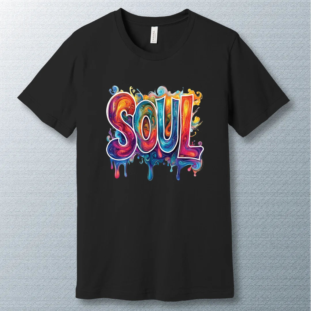 Colorful Soul T-shirt in Black – vibrant artistic design symbolizing energy, positivity, and self-expression