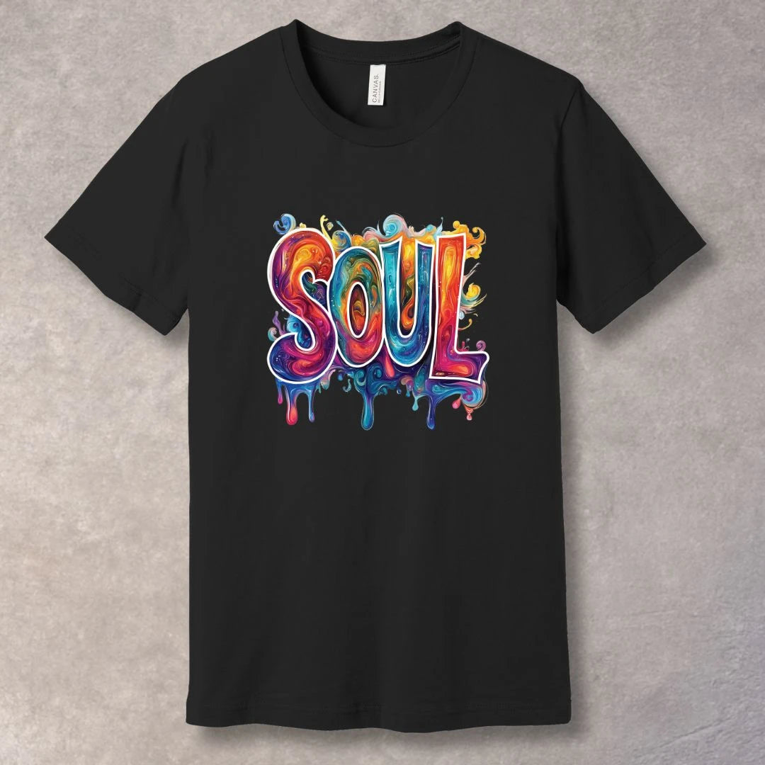 Black t-shirt with colorful 'SOUL' design