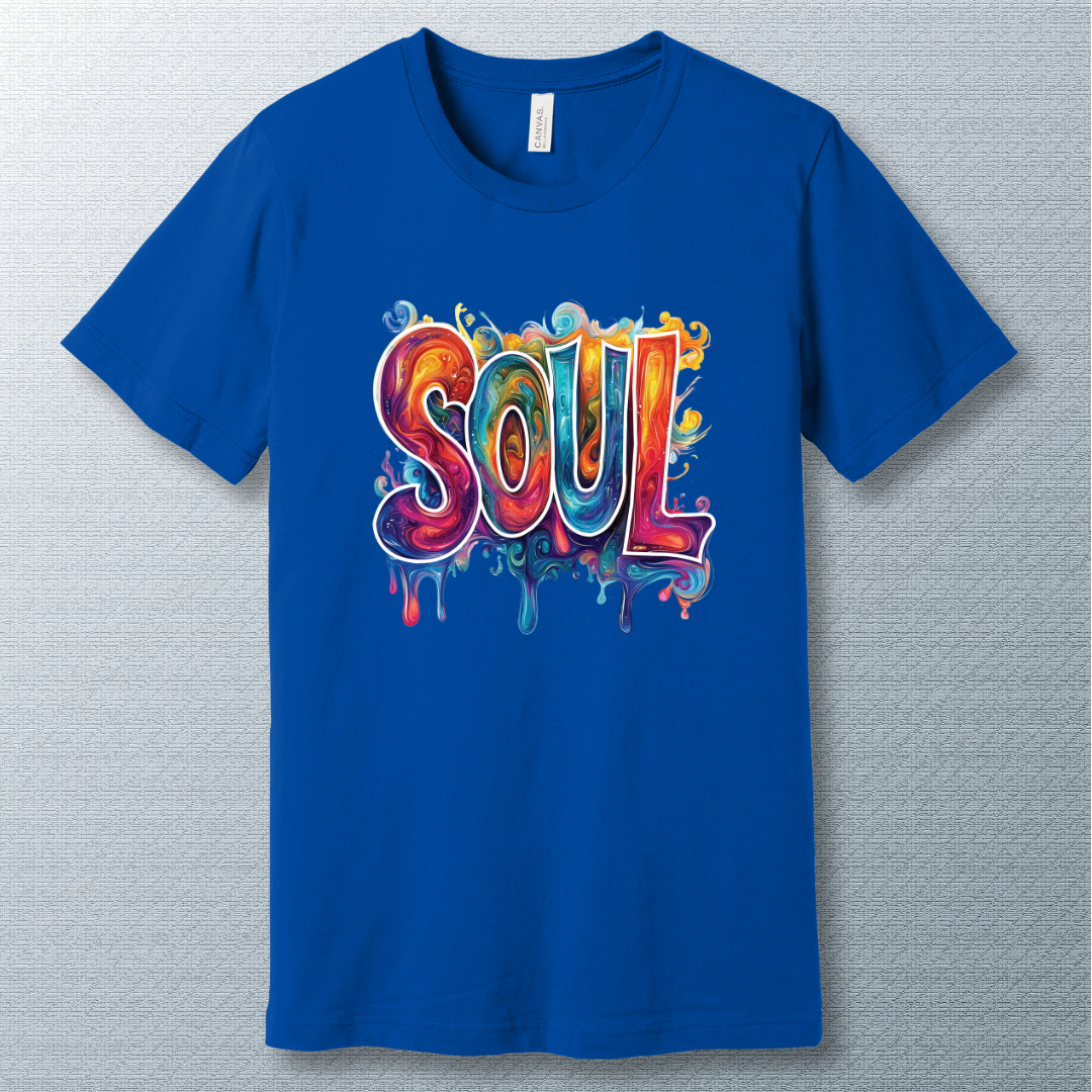 Colorful Soul T-shirt in True Royal – vibrant artistic design symbolizing energy, positivity, and self-expression
