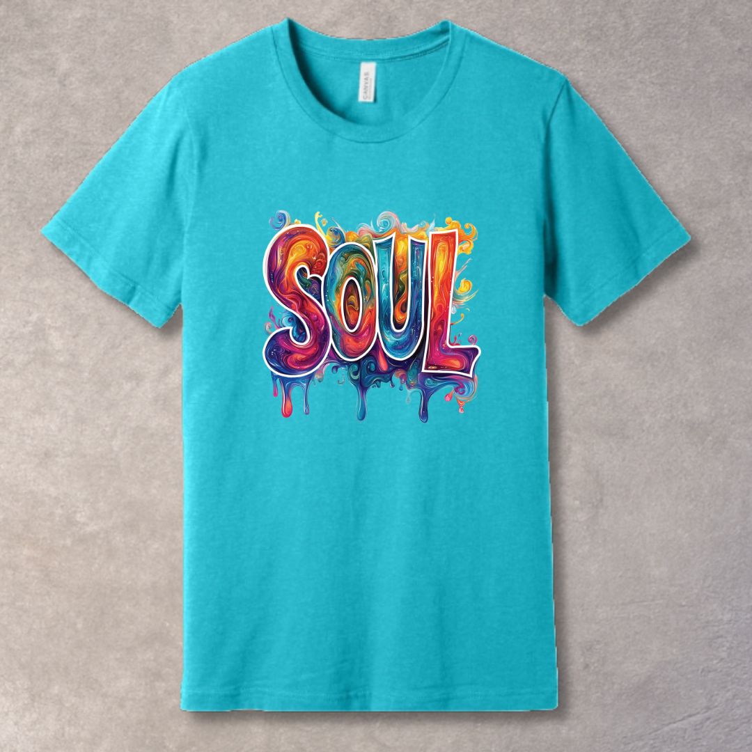 Turquoise t-shirt with colorful 'SOUL' design