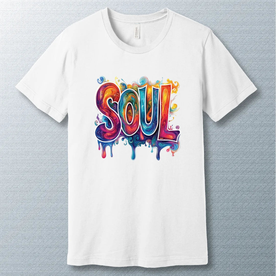 Colorful Soul T-shirt in White – vibrant artistic design symbolizing energy, positivity, and self-expression