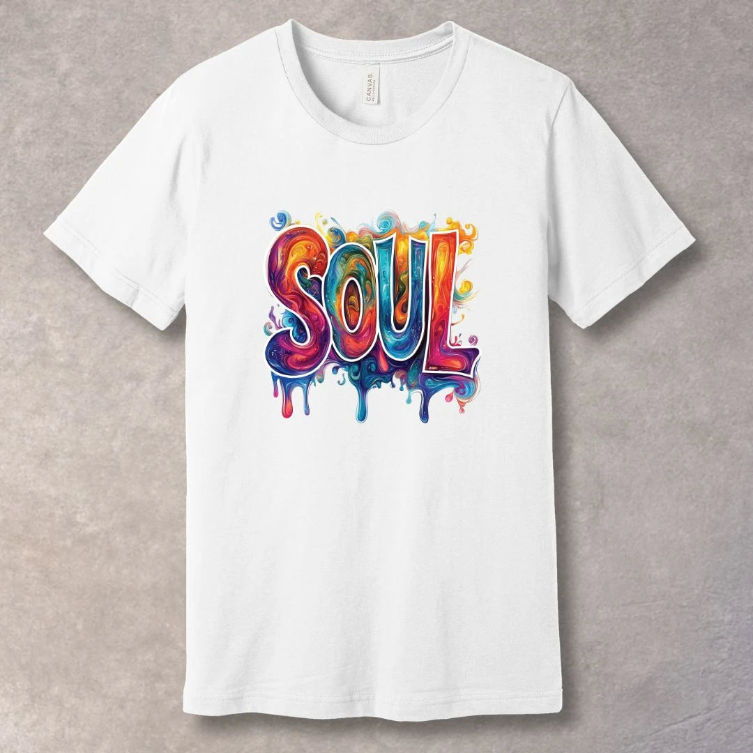 White t-shirt with colorful 'SOUL' design