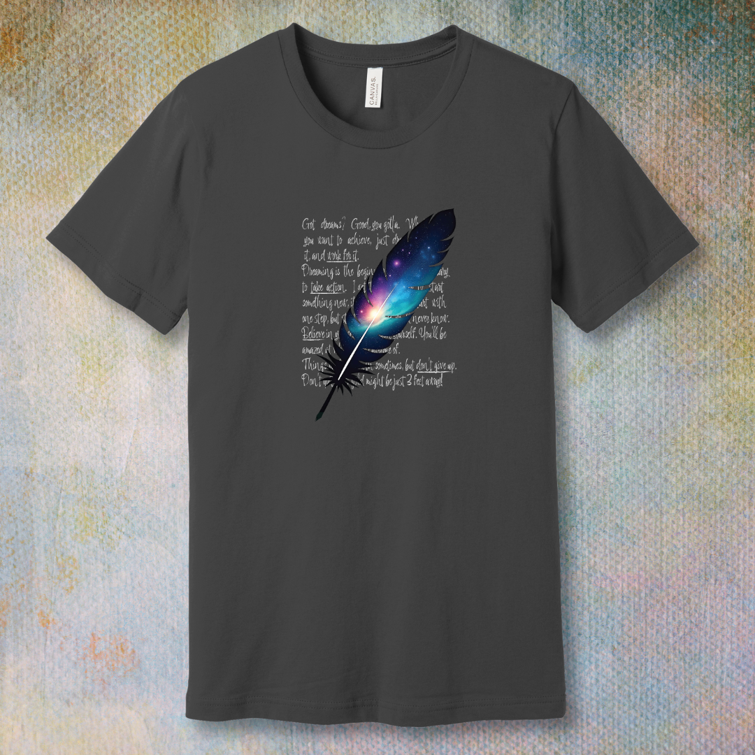 Cosmic Feather Pen T-Shirt – Creative Galaxy Design