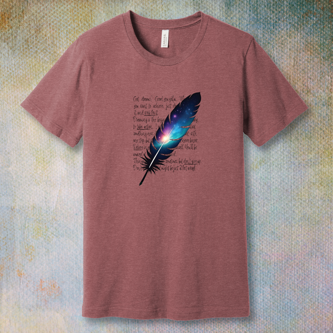 Cosmic Feather Pen T-Shirt – Creative Galaxy Design