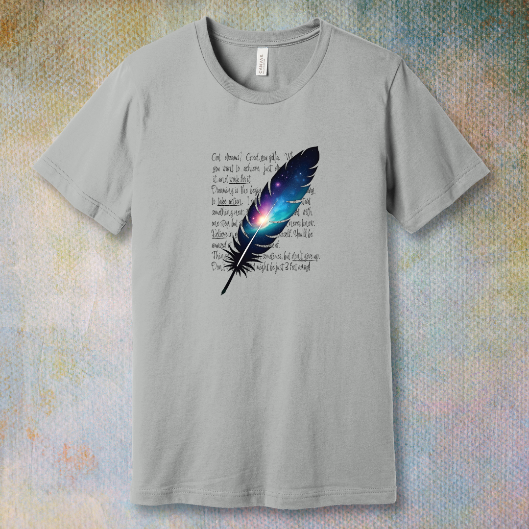 Cosmic Feather Pen T-Shirt – Creative Galaxy Design