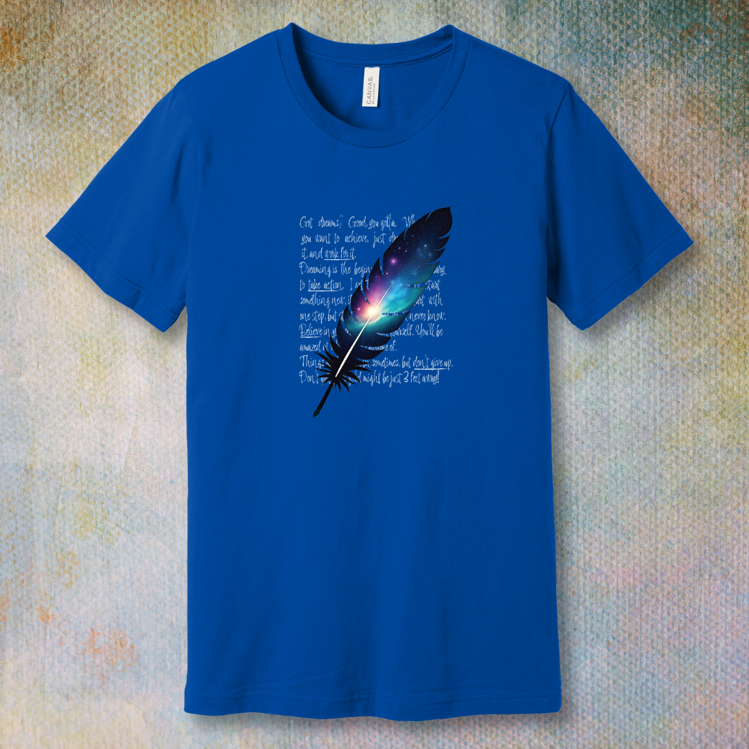 Cosmic Feather Pen T-Shirt – Creative Galaxy Design