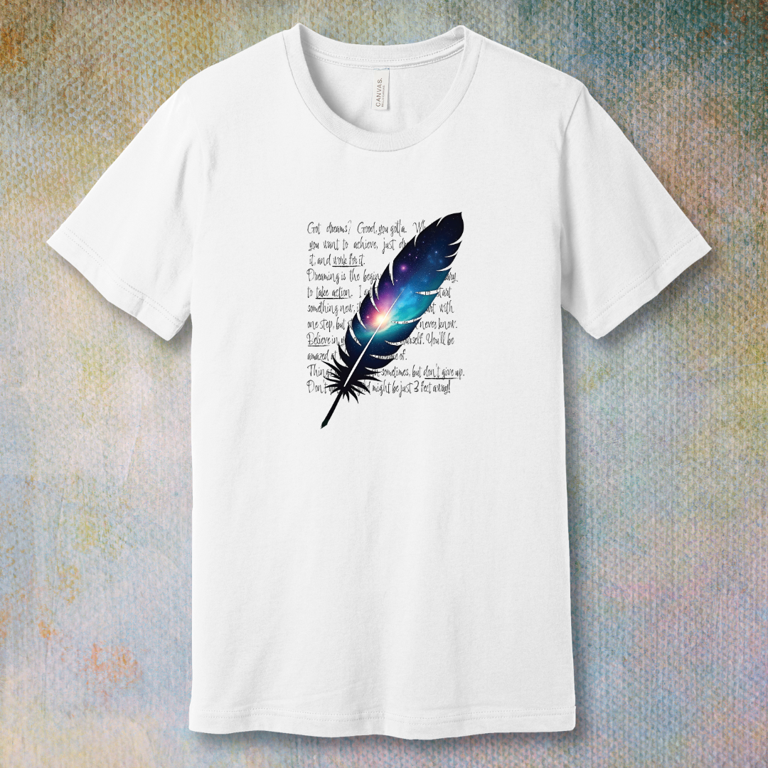 Cosmic Feather Pen T-Shirt – Creative Galaxy Design
