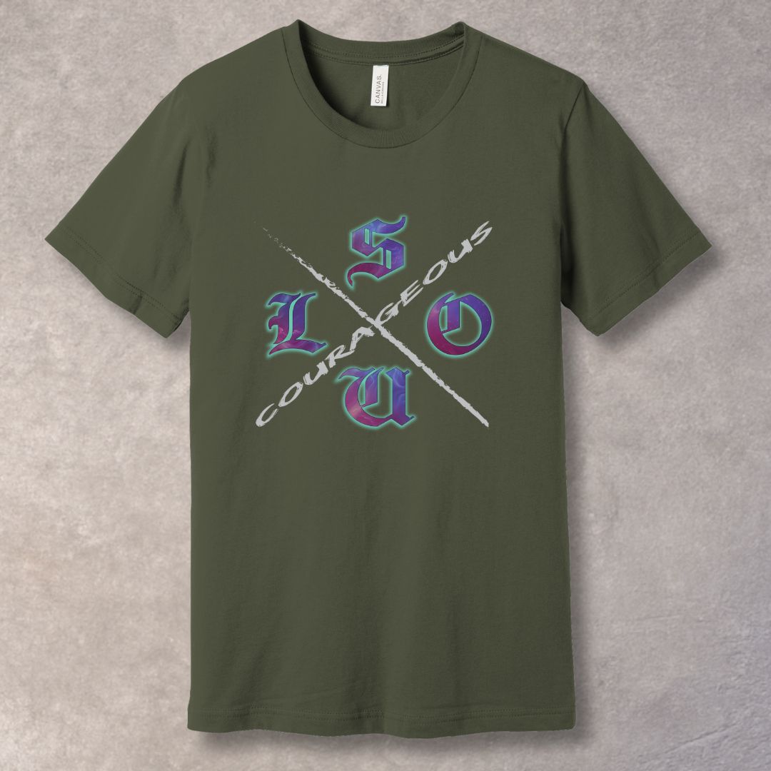 Courageous Soul graphic T-shirt with cosmic texture letters and diagonal COURAGEOUS slash - Army.