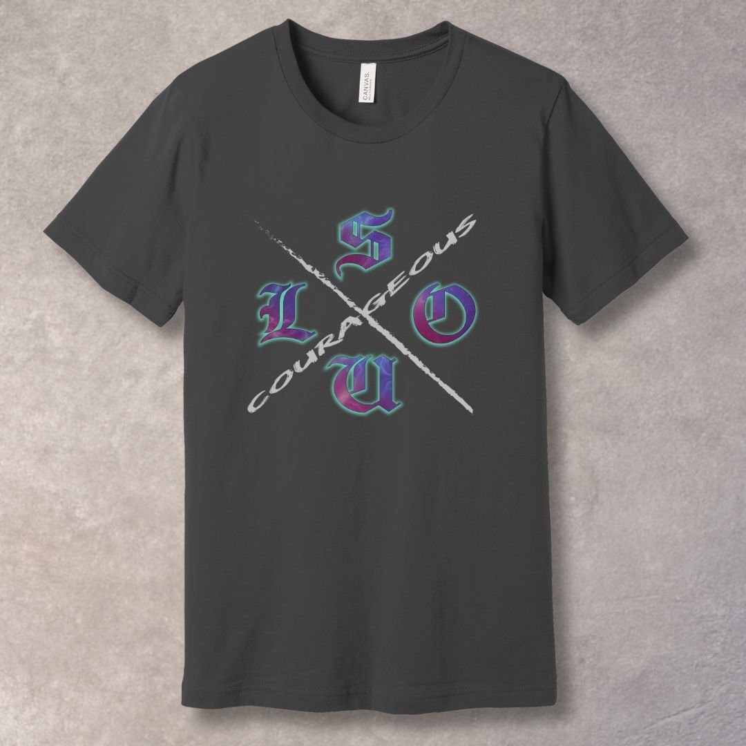 Courageous Soul graphic T-shirt with cosmic texture letters and diagonal COURAGEOUS slash - Asphalt.