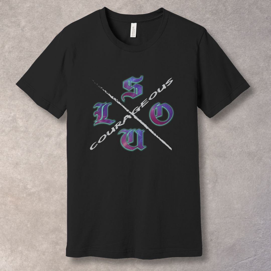 Courageous Soul graphic T-shirt with cosmic texture letters and diagonal COURAGEOUS slash - Black.