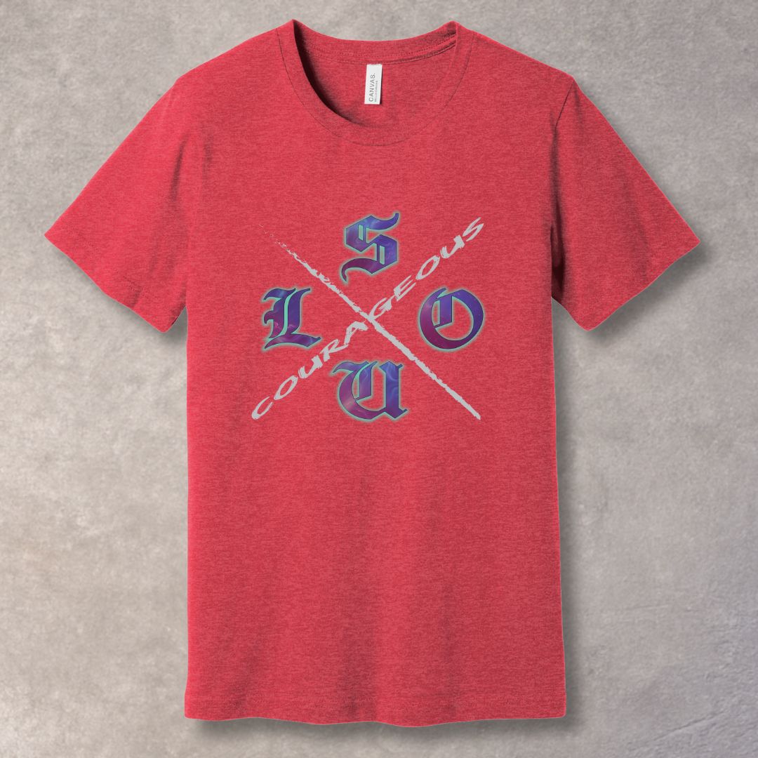 Courageous Soul graphic T-shirt with cosmic texture letters and diagonal COURAGEOUS slash - Heather Red.
