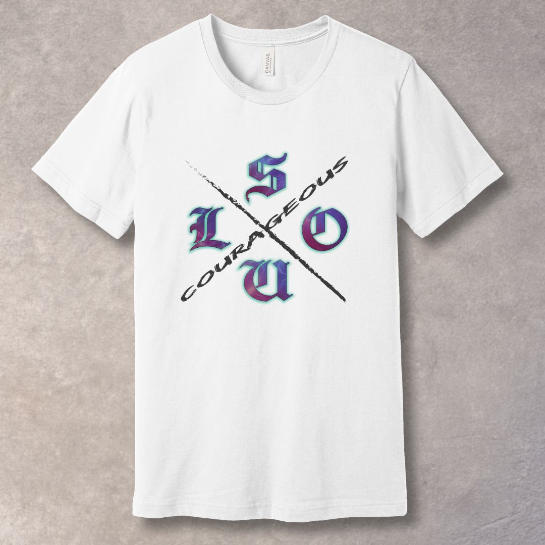 Courageous Soul graphic T-shirt with cosmic texture letters and diagonal COURAGEOUS slash - White.