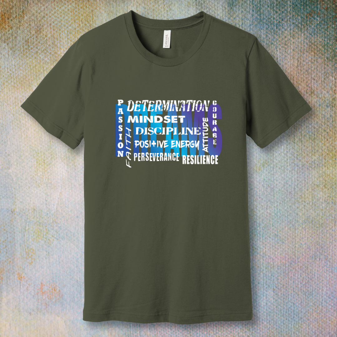 Motivational word collage T-shirt design featuring bold words like dreams, mindset, determination, faith, and courage in a gradient blue and purple style – inspirational apparel for personal growth and positivity