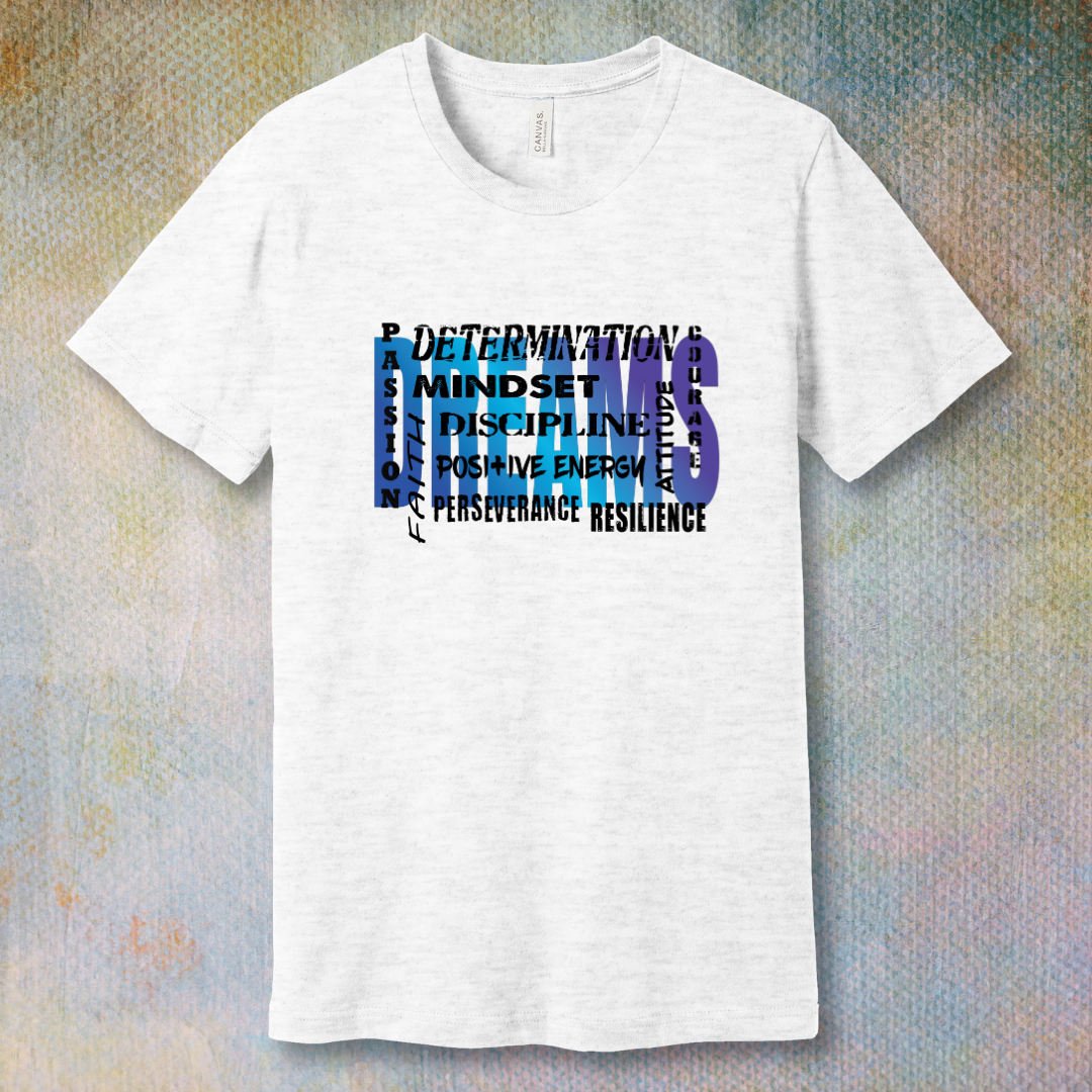 Motivational word collage T-shirt design featuring bold words like dreams, mindset, determination, faith, and courage in a gradient blue and purple style – inspirational apparel for personal growth and positivity