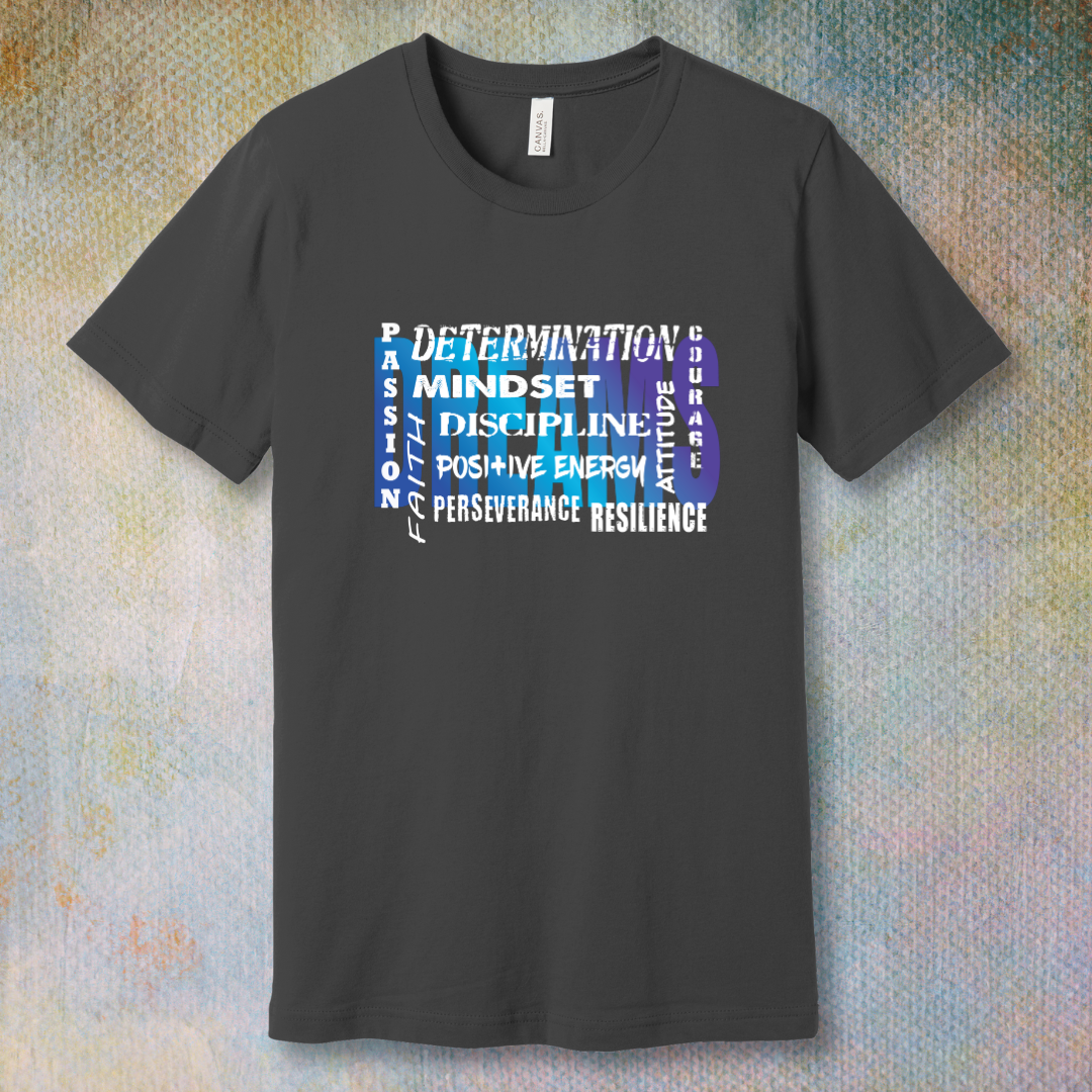 Motivational word collage T-shirt design featuring bold words like dreams, mindset, determination, faith, and courage in a gradient blue and purple style – inspirational apparel for personal growth and positivity