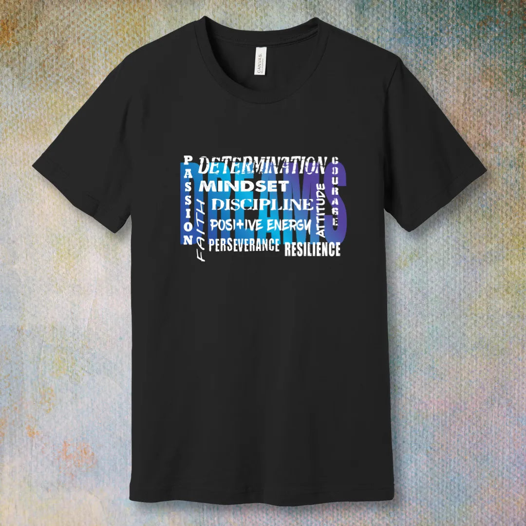 Motivational word collage T-shirt design featuring bold words like dreams, mindset, determination, faith, and courage in a gradient blue and purple style – inspirational apparel for personal growth and positivity