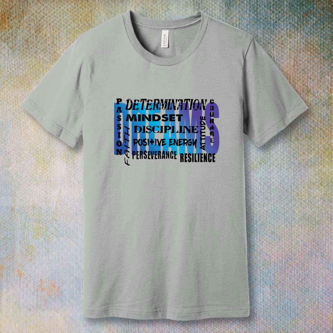 Motivational word collage T-shirt design featuring bold words like dreams, mindset, determination, faith, and courage in a gradient blue and purple style – inspirational apparel for personal growth and positivity
