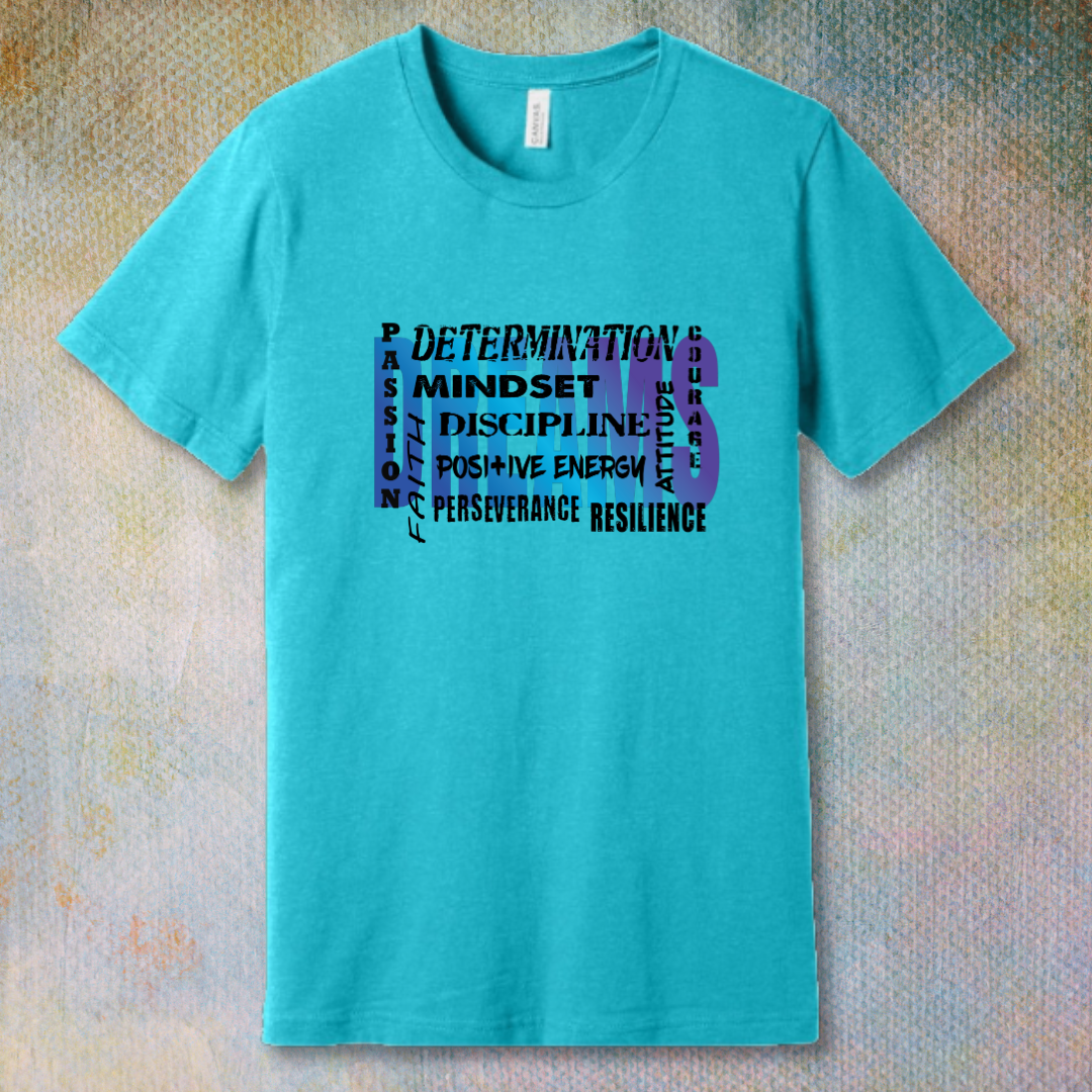 Motivational word collage T-shirt design featuring bold words like dreams, mindset, determination, faith, and courage in a gradient blue and purple style – inspirational apparel for personal growth and positivity