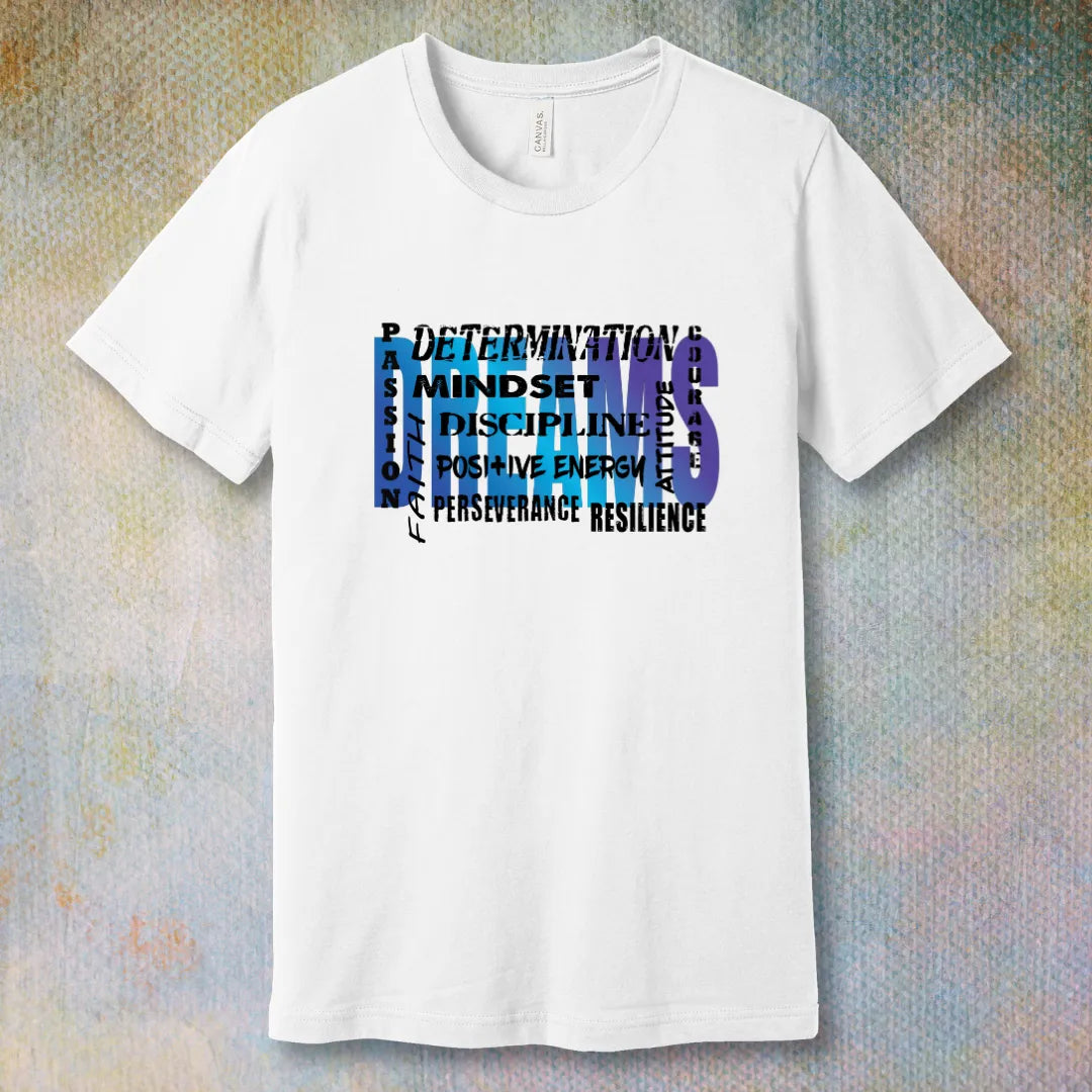 Motivational word collage T-shirt design featuring bold words like dreams, mindset, determination, faith, and courage in a gradient blue and purple style – inspirational apparel for personal growth and positivity
