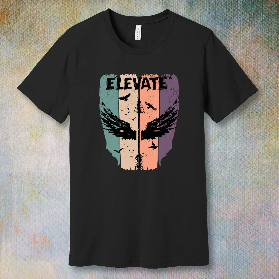 Black t-shirt with artistic design with an arrow with wings pointing up and the word "Elevate" in bold, symbolizing growth, positivity, and inner power