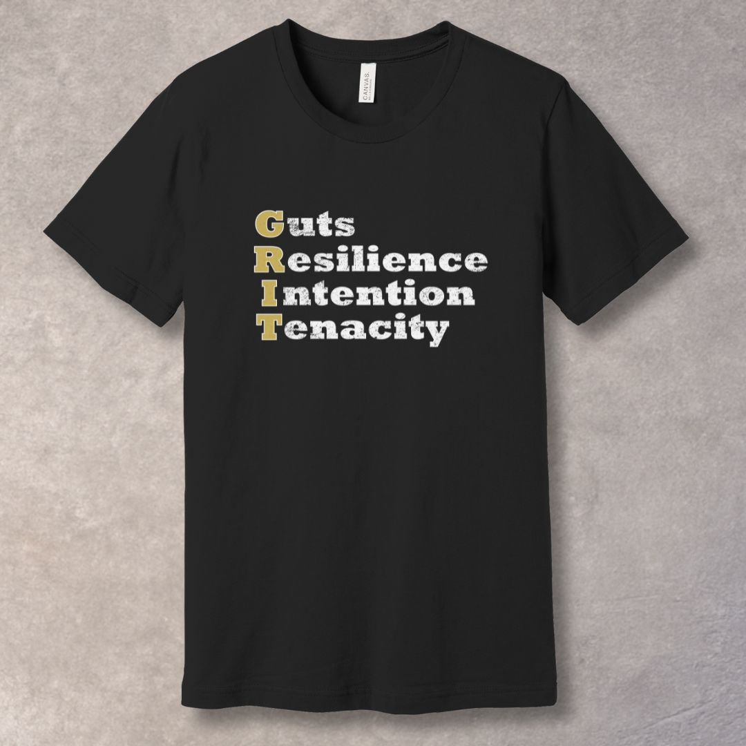 GRIT motivational Black T-shirt featuring the words Guts, Resilience, Intention, Tenacity in bold distressed typography