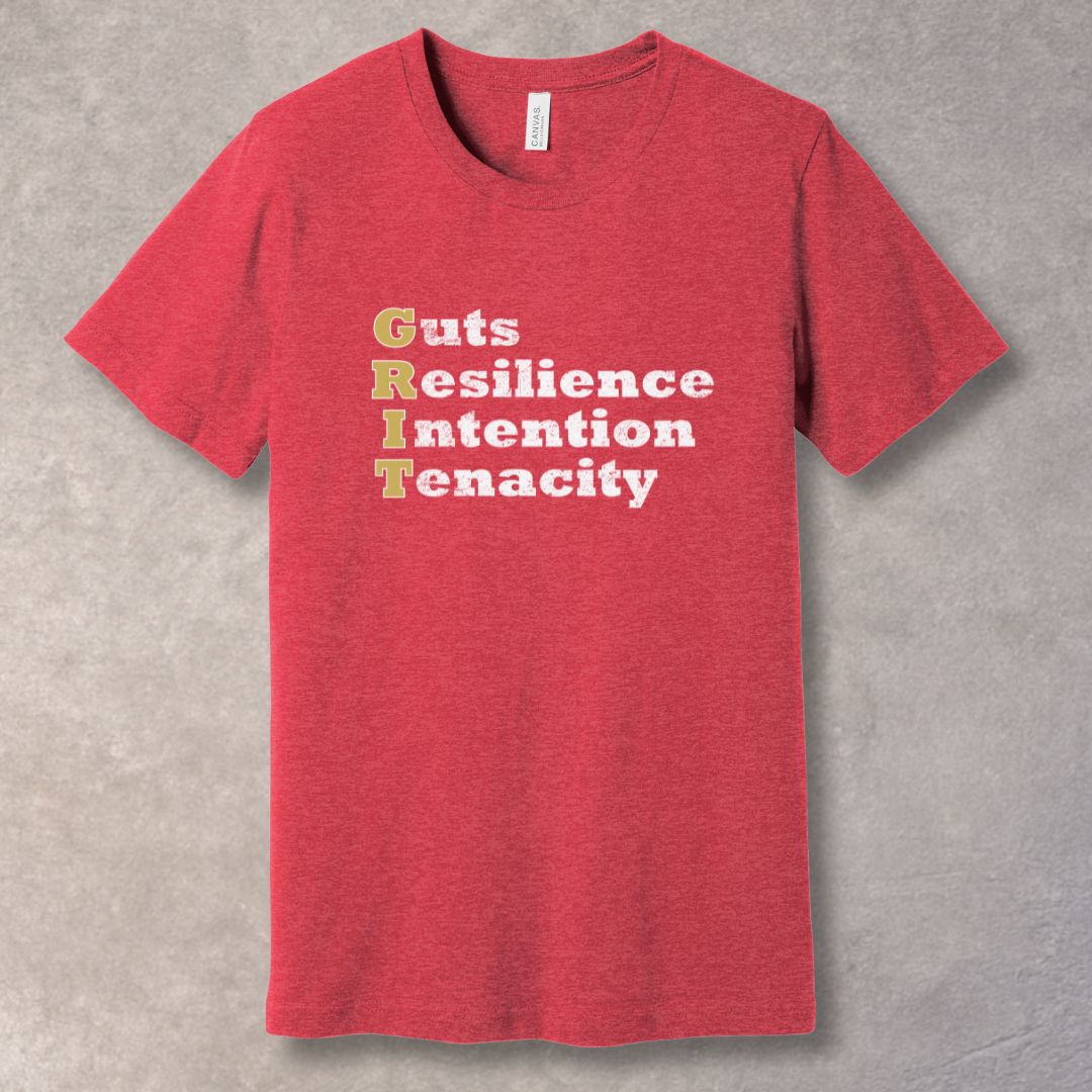 GRIT motivational Red T-shirt featuring the words Guts, Resilience, Intention, Tenacity in bold distressed typography