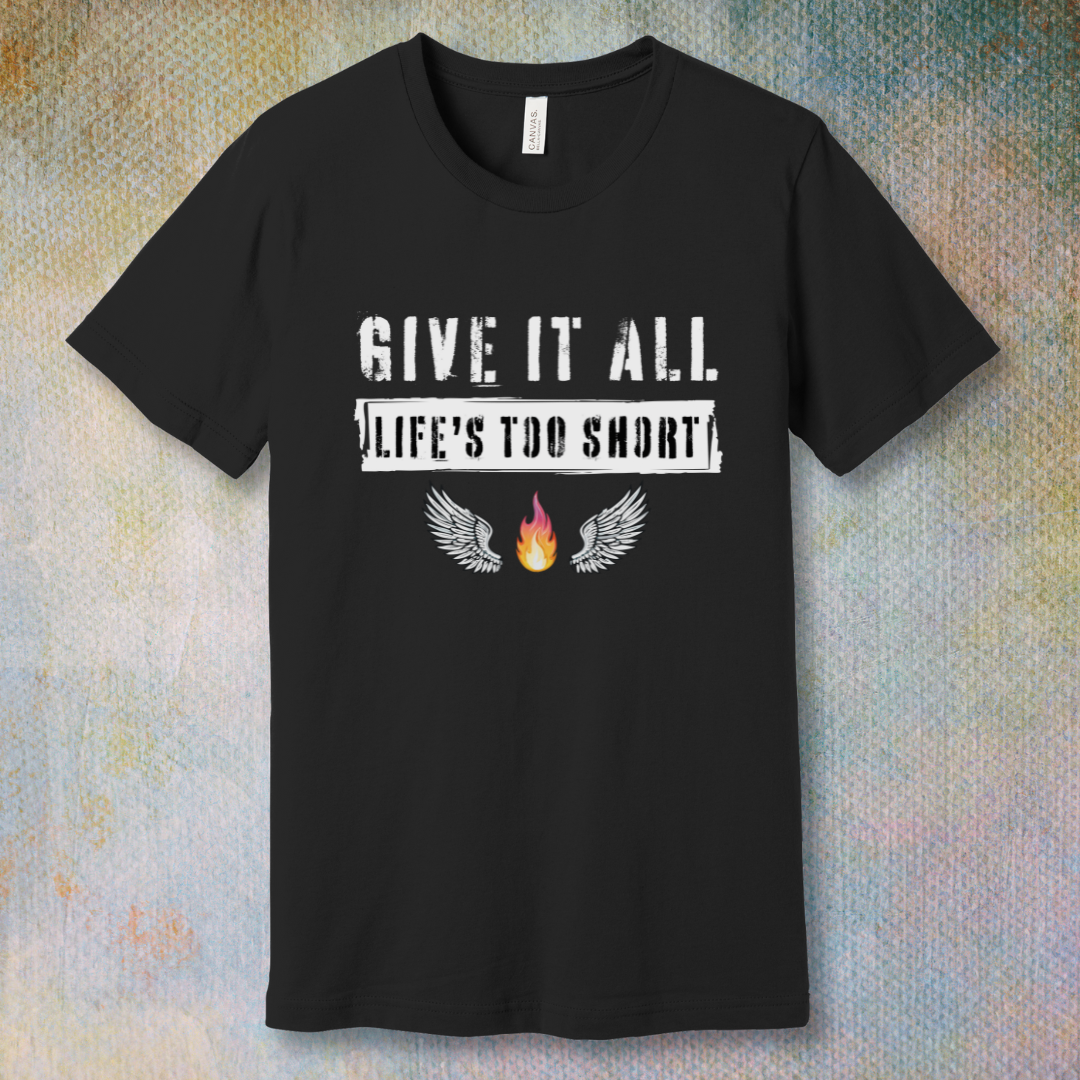 Grunge-style “Give it all” T-shirt design with bold text, flaming fire, and angel wings.