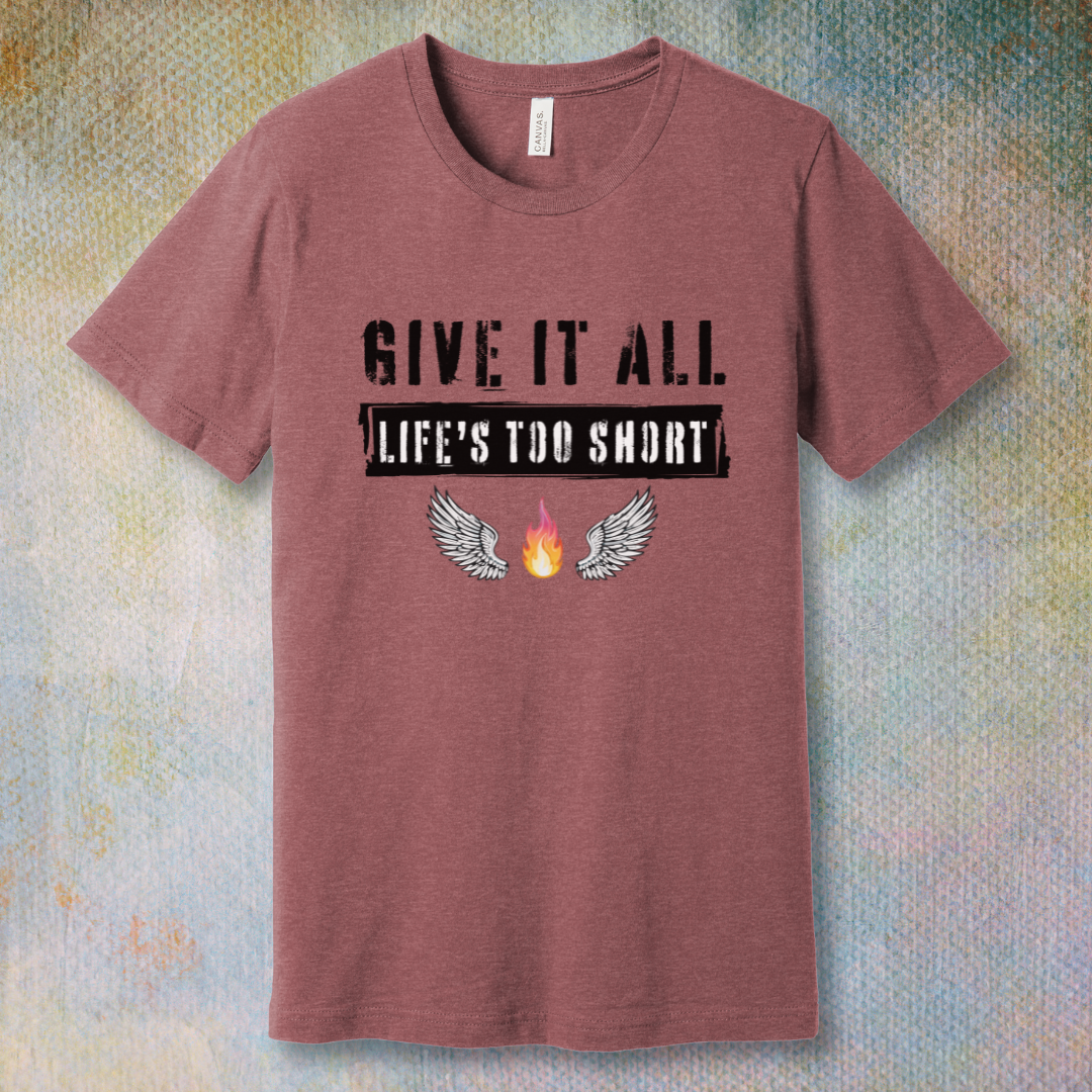 Grunge-style “Give it all” T-shirt design with bold text, flaming fire, and angel wings.