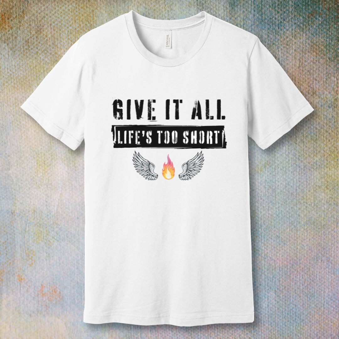 Grunge-style “Give it all” T-shirt design with bold text, flaming fire, and angel wings.