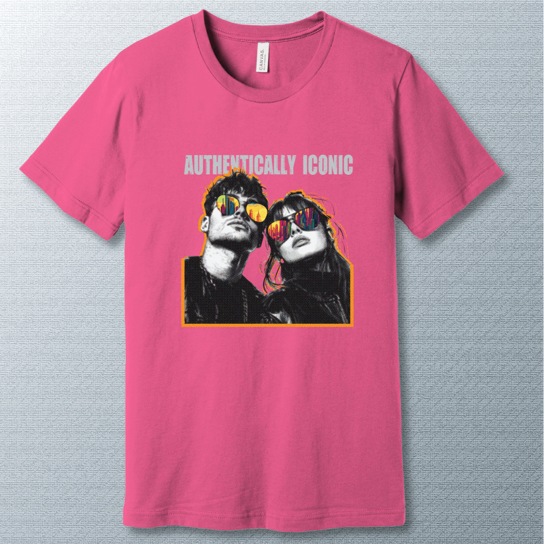 Pop art style design of a confident man and woman wearing sunglasses with colorful city reflections, under the bold text "AUTHENTICALLY ICONIC" – T-shirt.