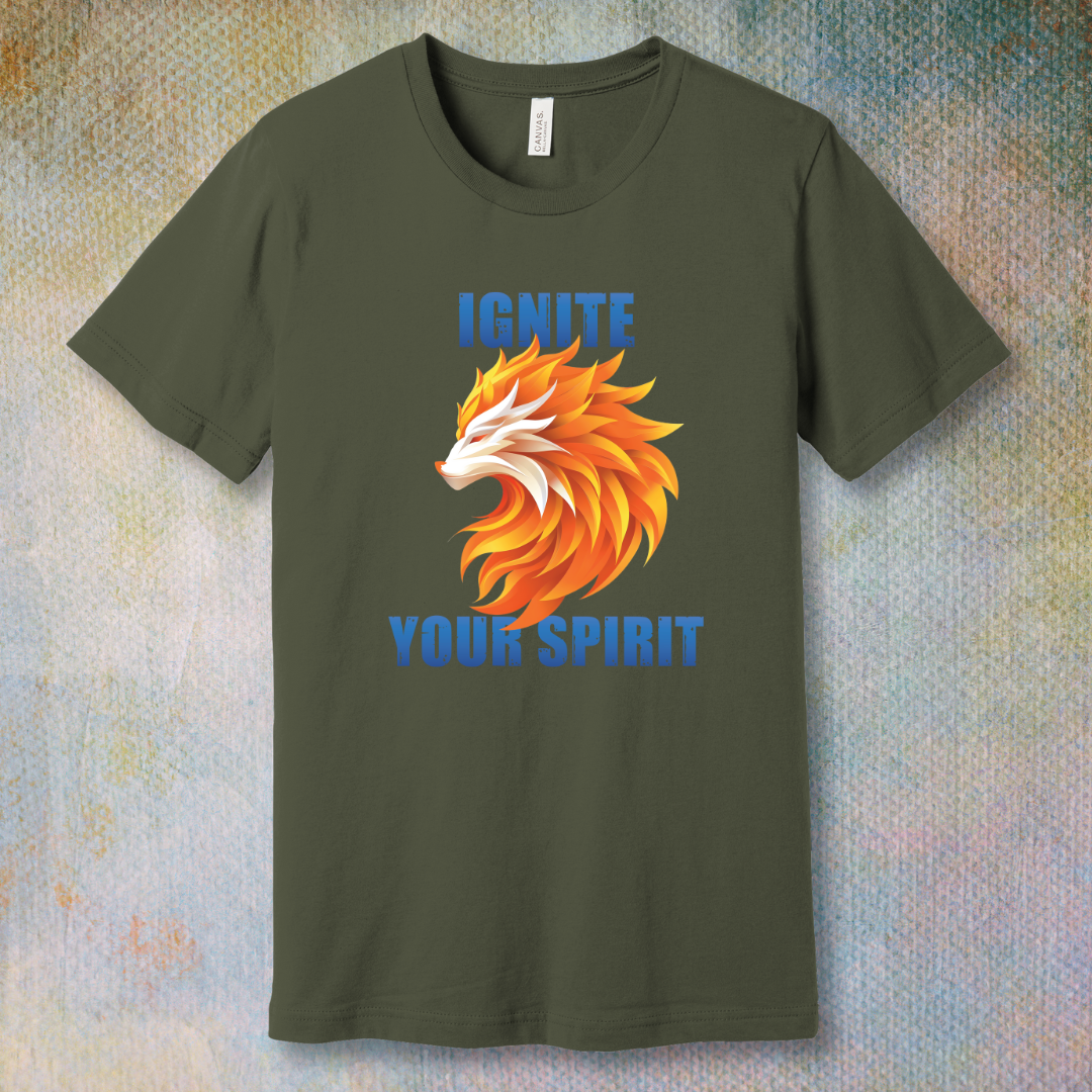 Blazing fire wolf graphic with the phrase 'Ignite your spirit' on a unisex T-shirt