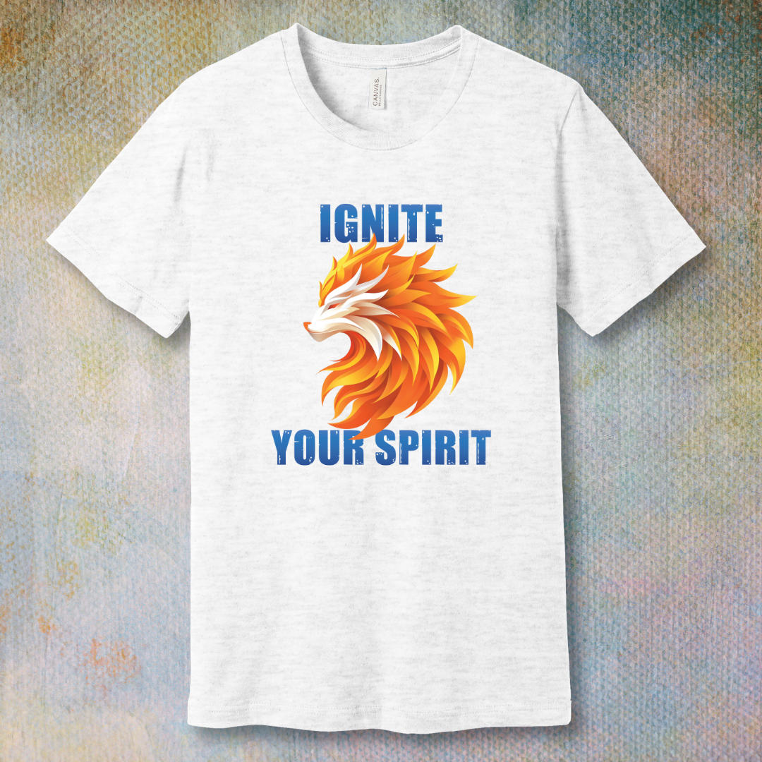 Blazing fire wolf graphic with the phrase 'Ignite your spirit' on a unisex T-shirt