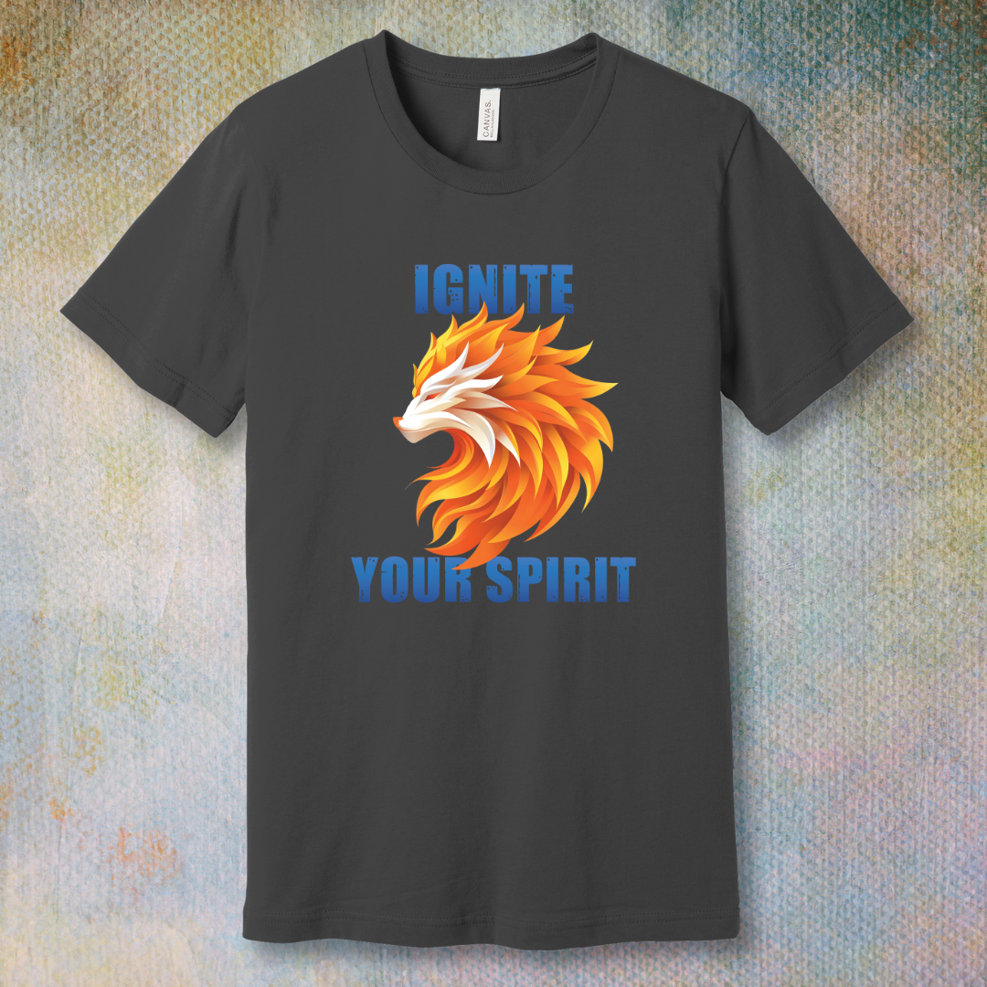 Blazing fire wolf graphic with the phrase 'Ignite your spirit' on a unisex T-shirt