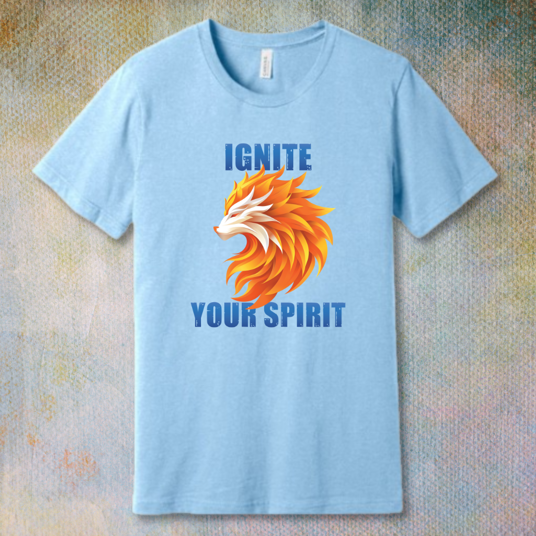 Blazing fire wolf graphic with the phrase 'Ignite your spirit' on a unisex T-shirt