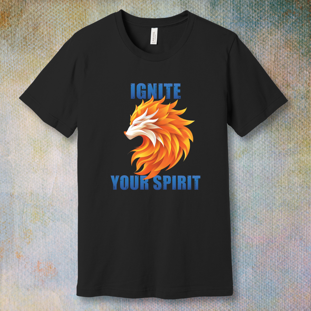 Blazing fire wolf graphic with the phrase 'Ignite your spirit' on a unisex T-shirt